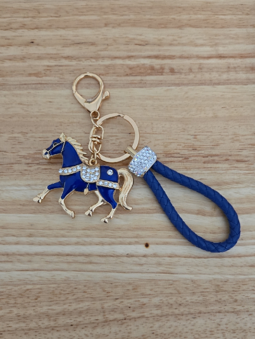 Blue Horse Bag Charm/ Keychain with Gold Tone and Rhinestones